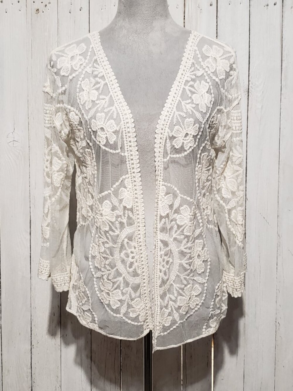Rebellion Boho Fairy Kimono Coverup Lace Mesh Cream Cottage Romantic Coquette - Picture 2 of 8